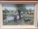 une photo d'un tableau représentant une femme et un chien dans un champ