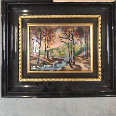 painting of a stream in a wooded area with trees in the background