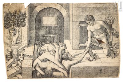 un vieux dessin représentant un homme allongé sur un lit à côté d'une femme