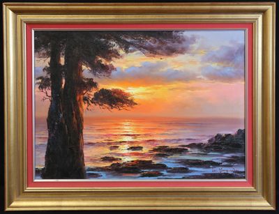 un tableau représentant un coucher de soleil sur l'océan, avec un arbre au premier plan
