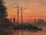 painting of a boat in a body of water with a sunset in the background