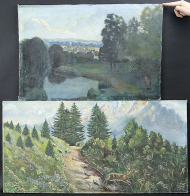 École moderne: "Paysage" et "Chevreuil en montagne", deux to…