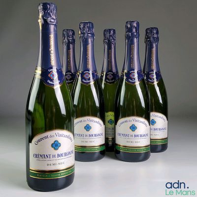 six bouteilles de vin mousseux sont alignées en rang