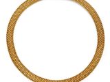 a gold necklace on a white background
