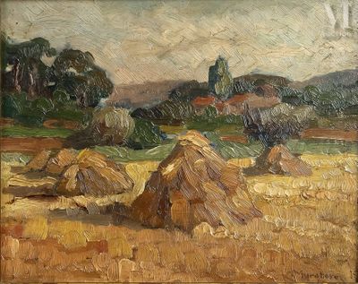 une peinture à l'huile représentant des meules de foin dans un champ, avec des arbres en arrière-plan
