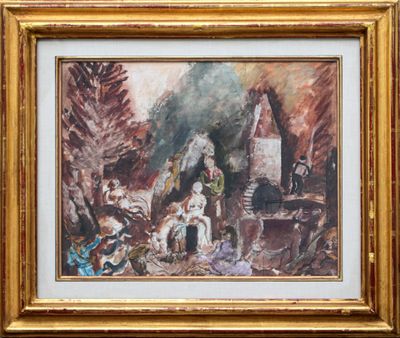an image of a painting of a man with a horse and a dog