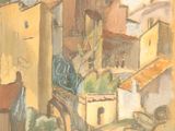 peinture représentant un tableau d'un village avec une croix au sommet d'une colline