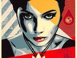 a poster of a woman with a necklace on her neck