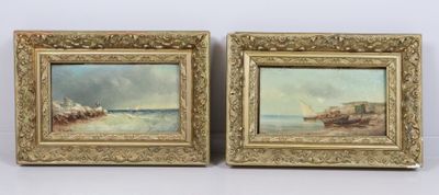 paire de peintures à l'huile du XIXe siècle représentant des bateaux sur l'eau