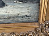 a picture of a painting of a man on a boat in the water