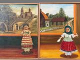 deux tableaux représentant une femme en robe rouge et une fillette en robe blanche