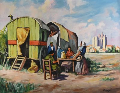 a painting of a group of people sitting at a table in front of a covered wagon