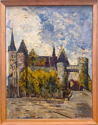 tableau représentant un château avec des arbres au premier plan