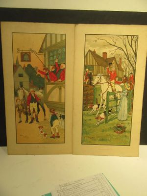 two pictures of people riding horses in a book