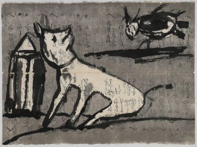 tableau représentant un chat et un chien devant un oiseau