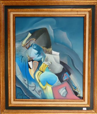 tableau représentant un homme en costume bleu, coiffé d'un chapeau et portant une valise