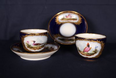 trois tasses et soucoupes ornées d'oiseaux, posées sur une table