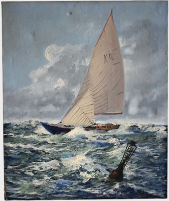painting of a sailboat in rough water with a buoy in the foreground