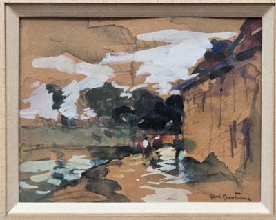 un tableau représentant un homme et un cheval au bord de l'eau