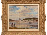 a painting of a river scene with boats and buildings in the background