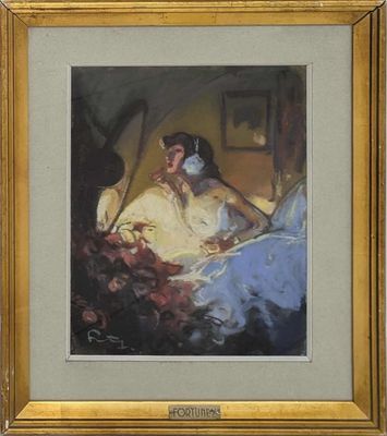 an image of a painting of a woman in bed with a cat