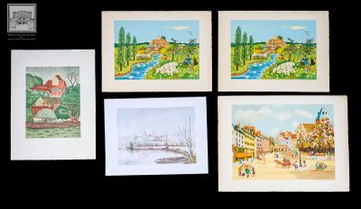 Lot de 4 lithographies théme "Villes et Villages" (légères u… - Photo 1