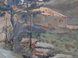 a painting of a man riding a horse down the road