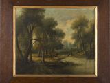 an image of a painting of a wooded landscape with a man on a horse by a stream