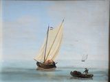 a painting of a sailboat and a boat in the water