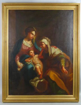 une peinture à l'huile représentant une femme tenant un bébé sur ses genoux