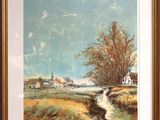 un tableau représentant un ruisseau traversant un champ, avec des maisons en arrière-plan