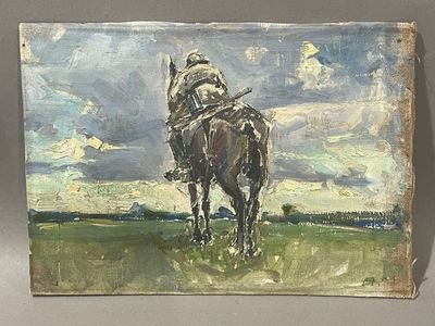 tableau représentant un homme à cheval dans un champ, avec le ciel en arrière-plan