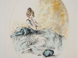 painting of a woman sitting on top of a horse in front of a full moon