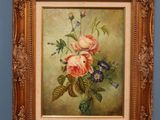 painting of flowers on a shelf in a room with blue walls