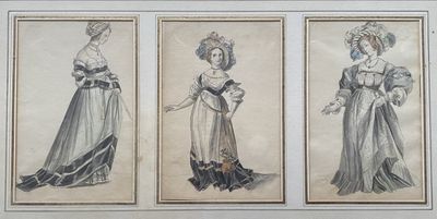 trois dessins représentant des femmes en robe et avec un chapeau, dont l'une porte un chapeau et l'autre