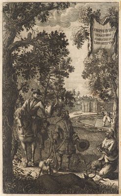 an old black and white drawing of a man on a horse in a wooded area