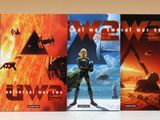 trois affiches de films représentant une femme debout devant une pyramide