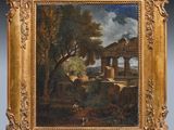 a painting of a landscape with a man and a dog in the foreground
