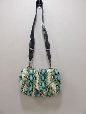 a green and white snake skin purse hanging on a wall