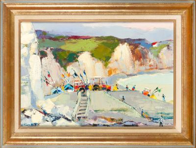 une peinture à l'huile d'une scène de plage avec des bateaux dans l'eau