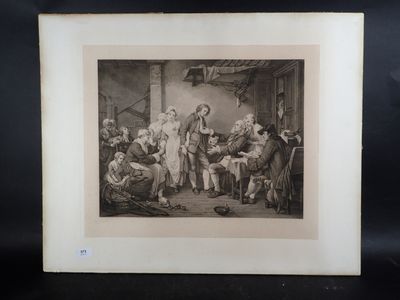 un dessin en noir et blanc d'un groupe de personnes dans une pièce