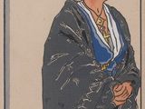 painting of a woman in a blue robe and a blue hat