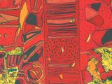 an image of a painting of a red background with black and yellow designs
