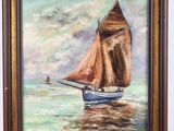 framed oil painting of a sailboat in a calm sea