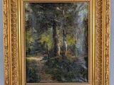 an oil painting of a wooded scene with trees in the foreground