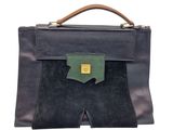 black and green leather handbag with a gold buckle