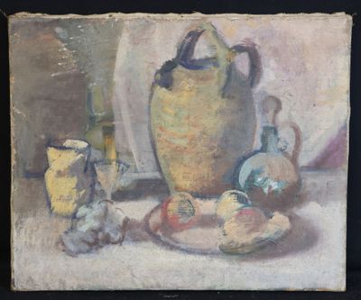 un tableau représentant un vase et d'autres objets posés sur une table