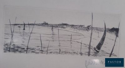 drawing of a view of a body of water with trees in the foreground