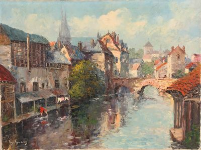 tableau représentant une rivière traversant une ville, enjambée par un pont