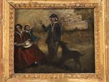 painting of a man and a woman with a dog in front of a wall